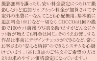 撮影無料を謳ったり、安い料金設定につられて撮影したけど追加やオプション料金が加算されて予定外の出費に・・・なんてことも心配無用。基本的に追加料金（※1）など一切なく、COCCOは1回の撮影で100カット前後の写真を撮りますがどんなにカット数が増えても料金は同じ。そのうえお渡しする作品は事前にデザインチェックができるなど、常にお客さまの“安心と納得”のできるシステムを心掛けています。（※1:追加のご注文をご希望の方はよりお求めやすい価格設定になっています。）